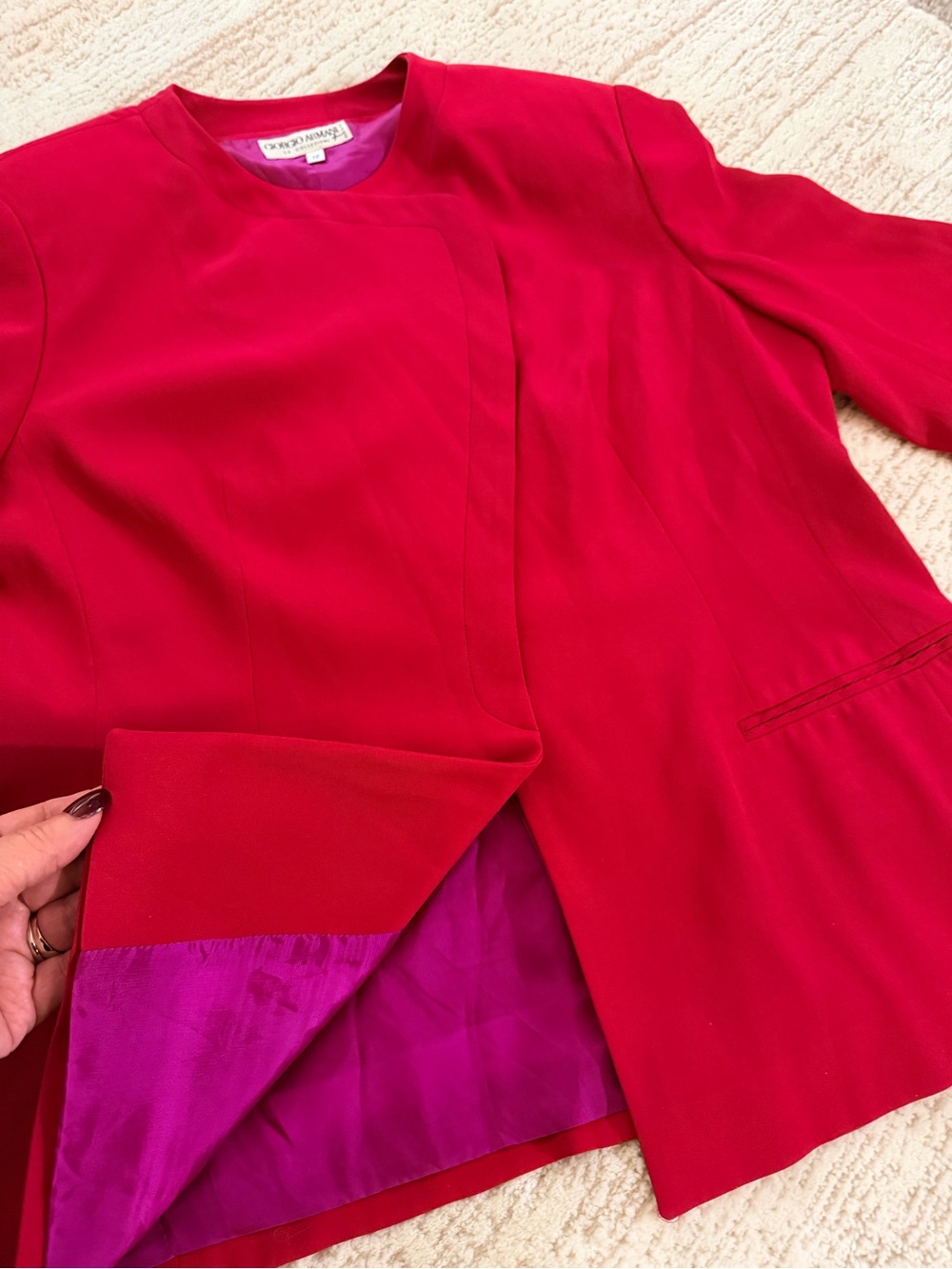 Vintage Giorgio Armani pinkish red silk Collarless Blazer jacket Italy 12